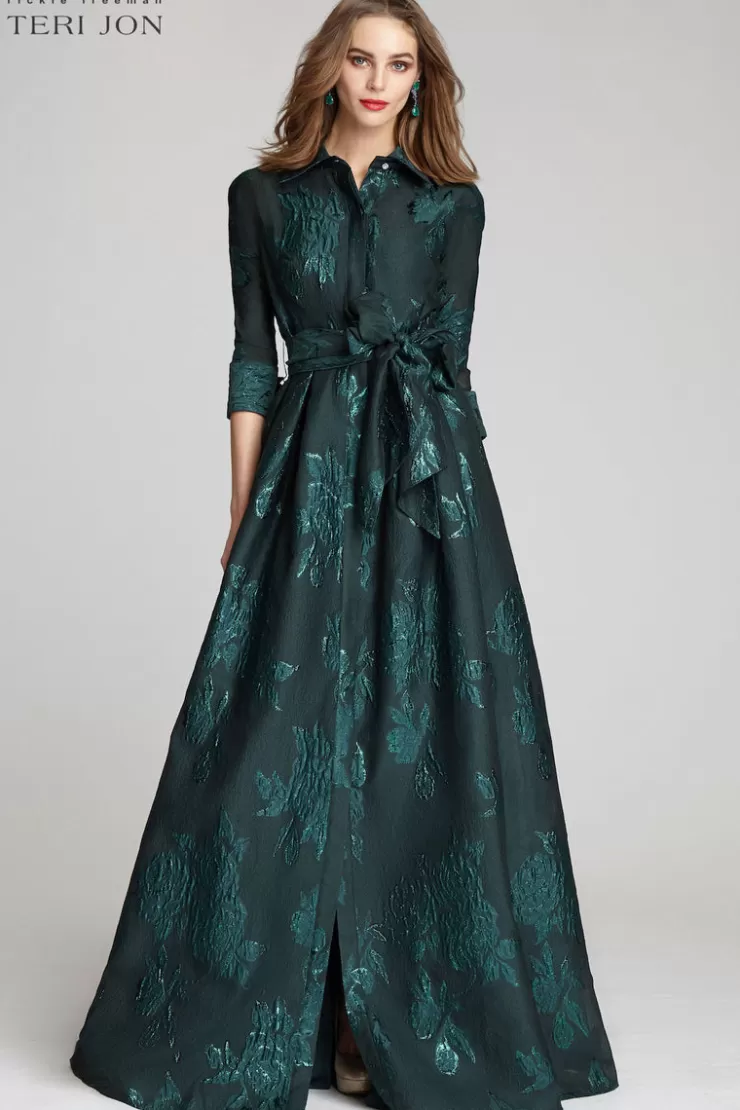 Teri Jon Metallic Jacquard Shirtdress Gown with Floral Print