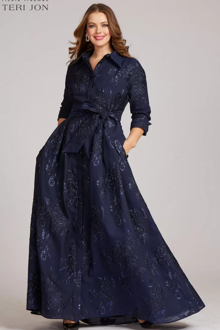 Teri Jon Metallic Jacquard Shirtdress Gown with Floral Print