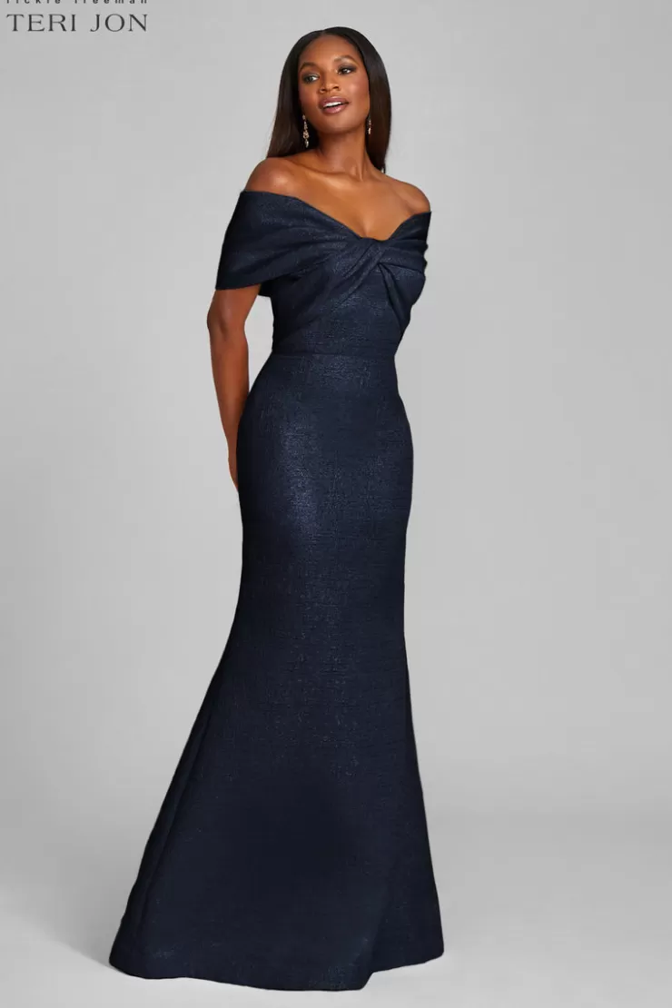 Teri Jon Metallic Jacquard Twist Bodice Off The Shoulder Gown