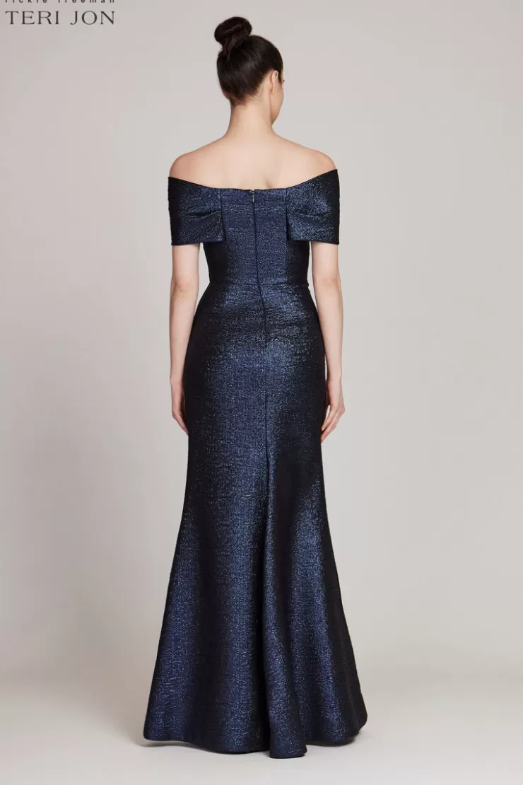 Teri Jon Metallic Jacquard Twist Bodice Off The Shoulder Gown