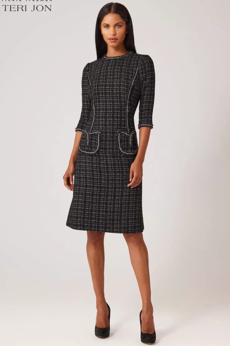 Teri Jon Metallic Plaid Boucle Chain Trim Dress