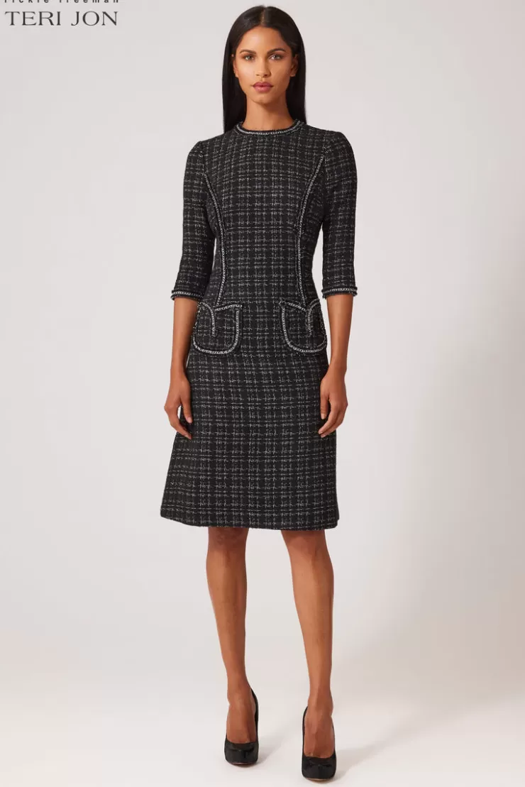 Teri Jon Metallic Plaid Boucle Chain Trim Dress