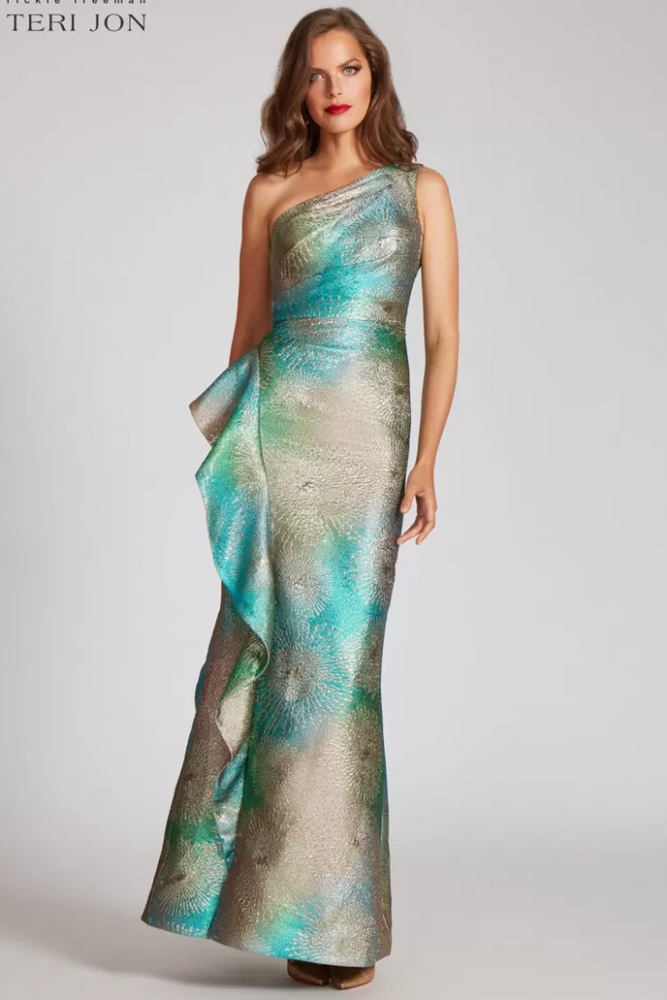 Teri Jon Metallic Starburst Pattern One Shoulder Gown