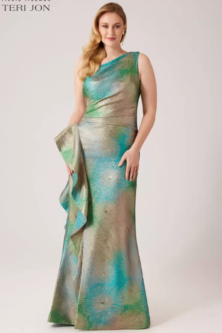 Teri Jon Metallic Starburst Pattern One Shoulder Gown