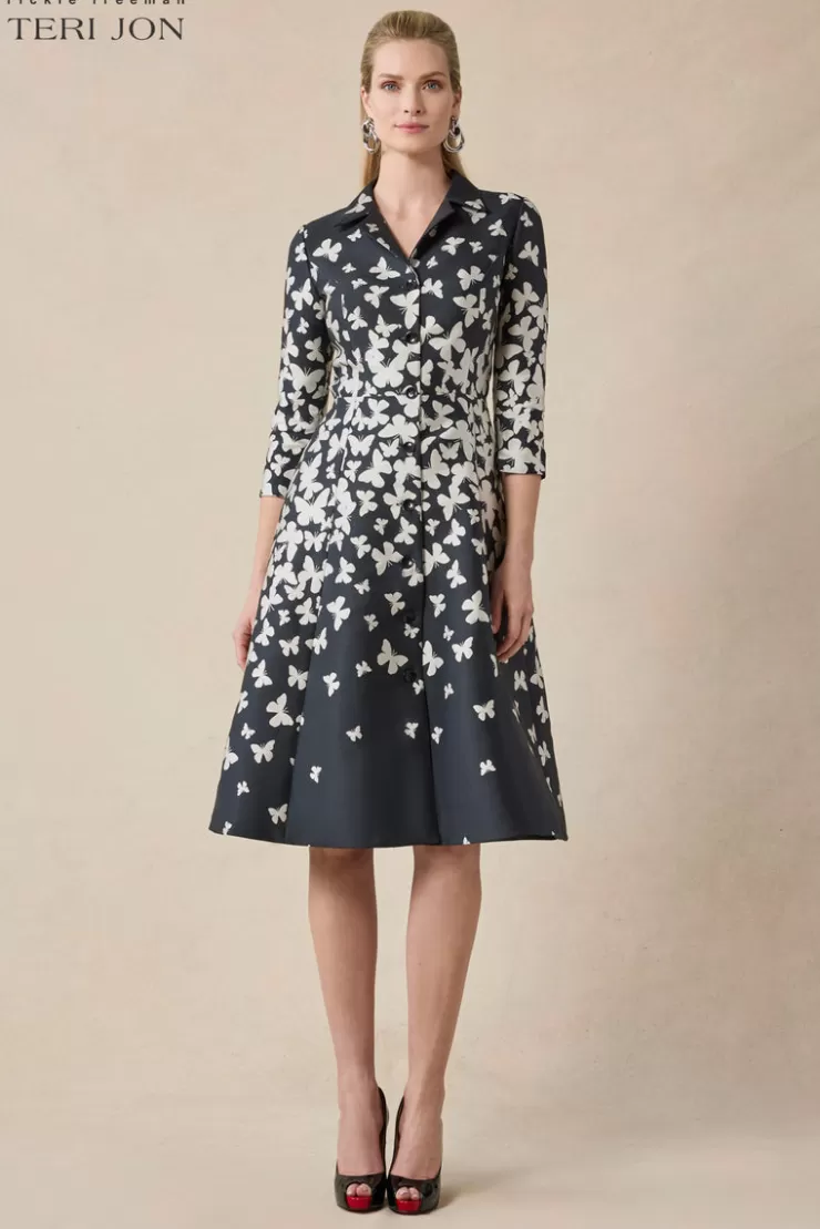 Teri Jon Mikado Butterfly Pattern Coat Dress