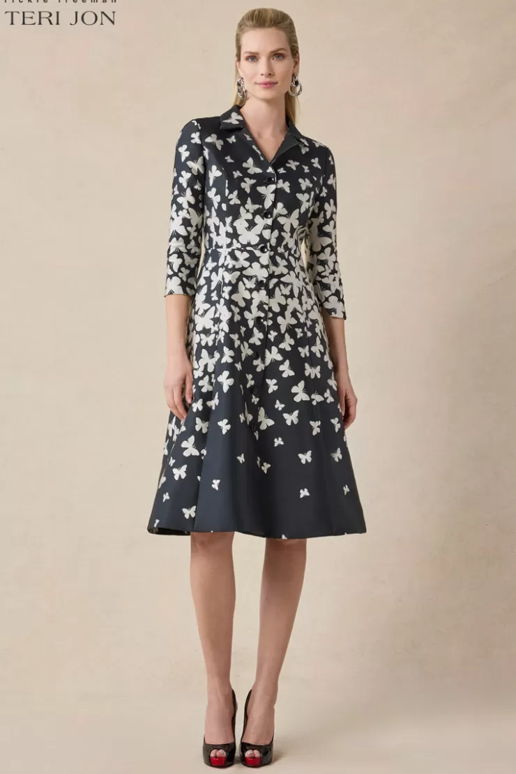 Teri Jon Mikado Butterfly Pattern Coat Dress