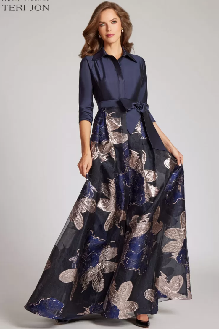 Teri Jon Navy Taffeta Shirtdress with Burnout Floral Print