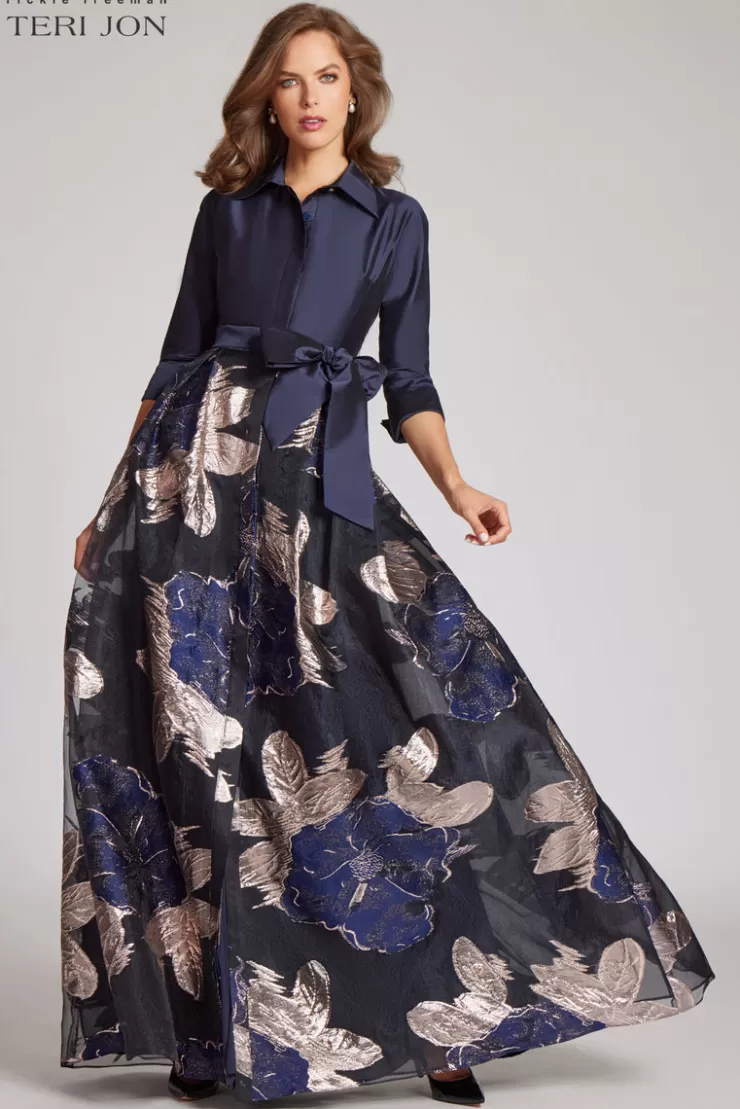 Teri Jon Navy Taffeta Shirtdress with Burnout Floral Print