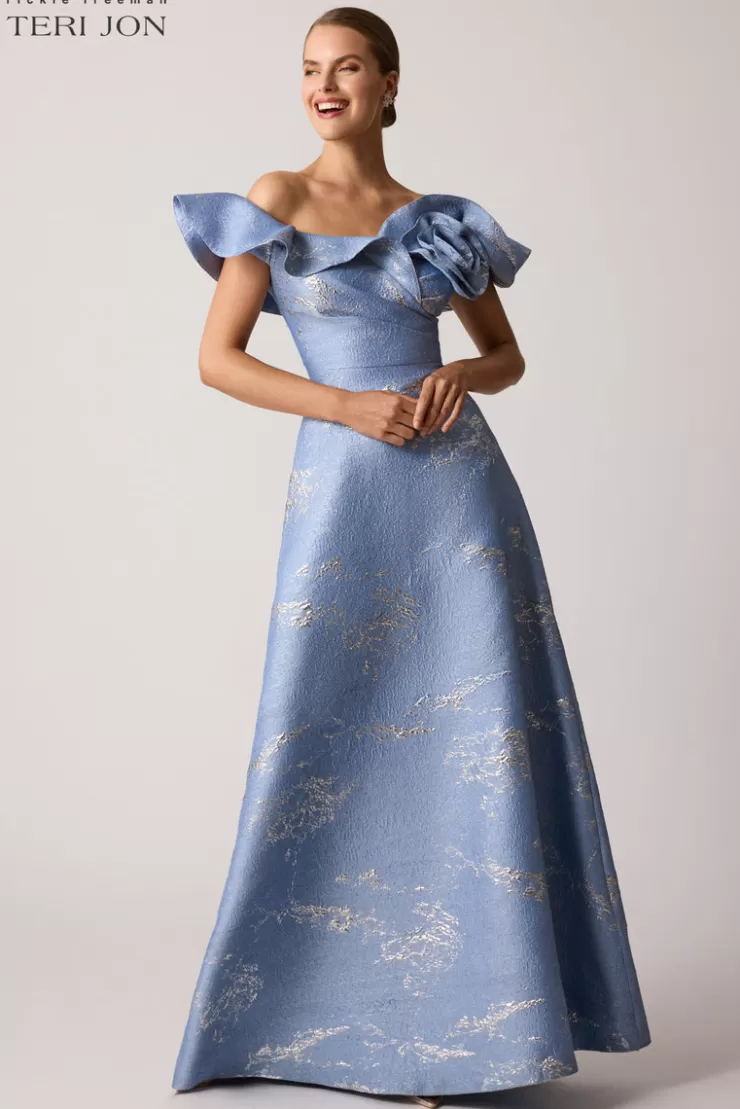 Teri Jon Off Shoulder Jacquard Ruffle Gown With Flower Applique