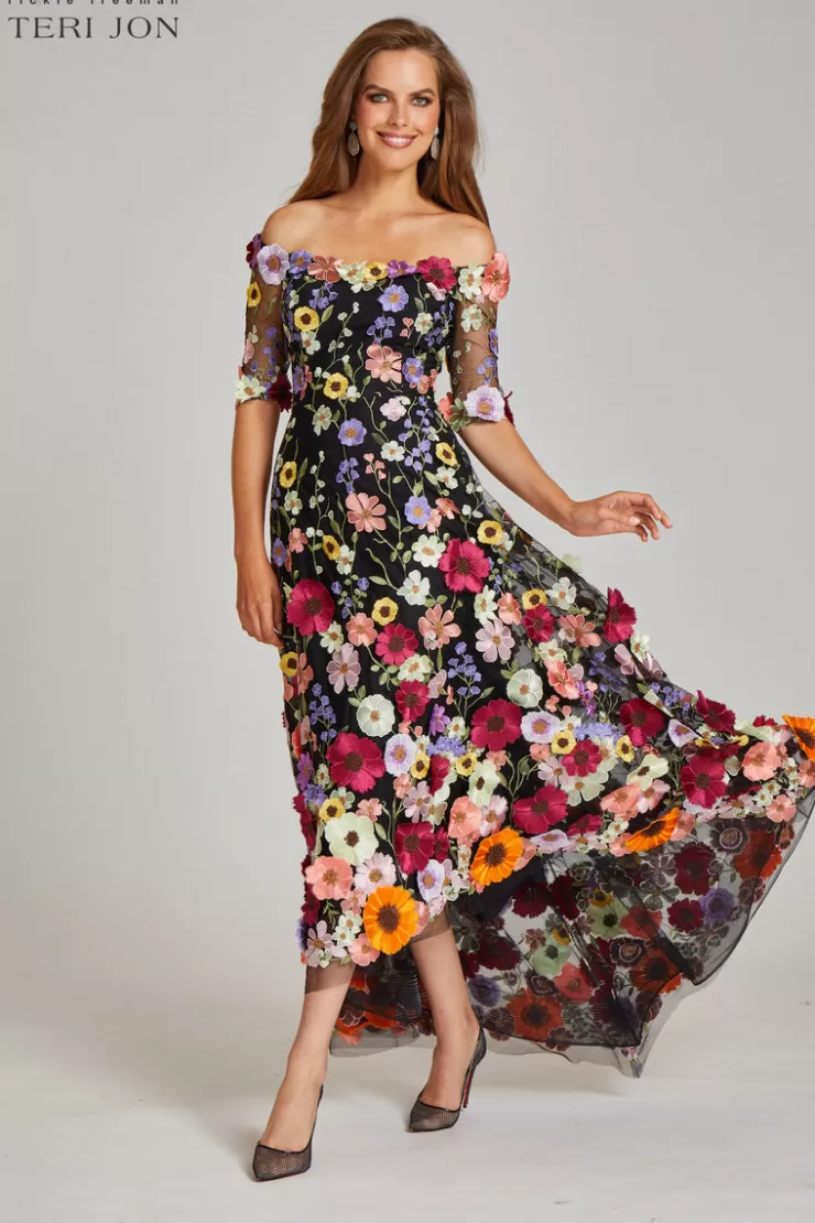 Teri Jon Off the Shoulder Floral Appliqued Lace High Low Dress