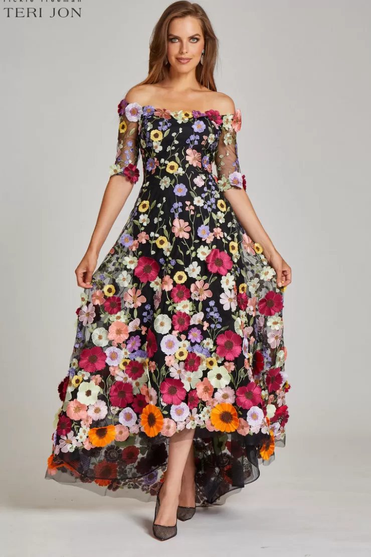 Teri Jon Off the Shoulder Floral Appliqued Lace High Low Dress