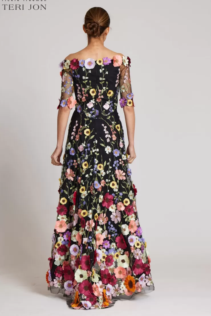 Teri Jon Off the Shoulder Floral Appliqued Lace High Low Dress