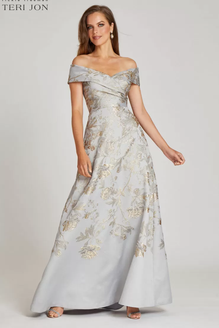 Teri Jon Off The Shoulder Metallic Jacquard A-Line Gown