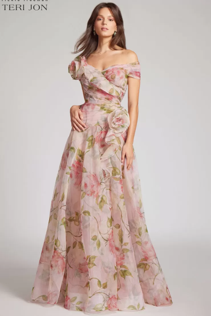 Teri Jon Off the Shoulder Organza Floral Gown