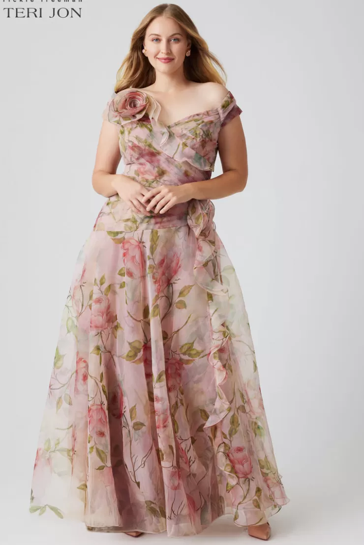 Teri Jon Off the Shoulder Organza Floral Gown