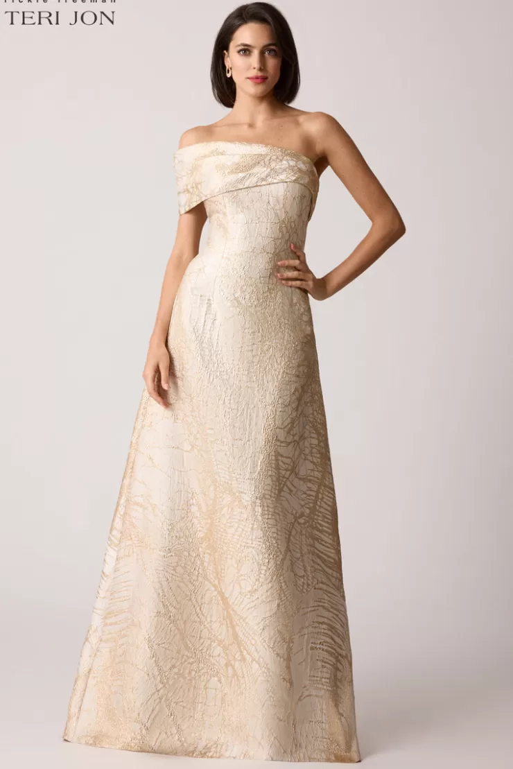 Teri Jon One Shoulder Cuff Jacquard Evening Gown