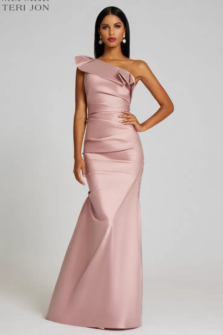 Teri Jon One Shoulder Pleat Draped Stretch Taffeta Gown