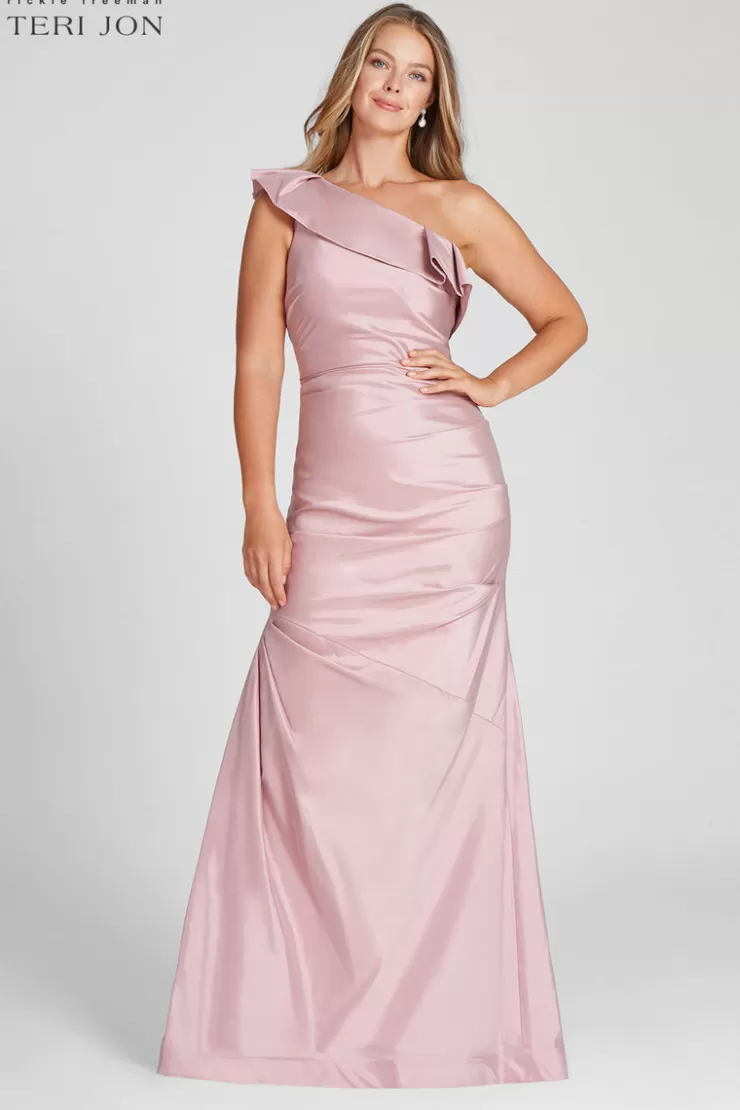 Teri Jon One Shoulder Pleat Draped Stretch Taffeta Gown