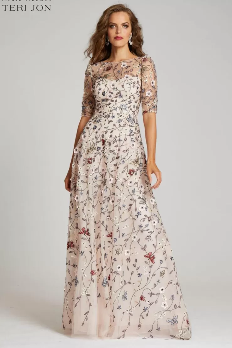 Teri Jon Overlay Gown With 3D Embroidered Florals