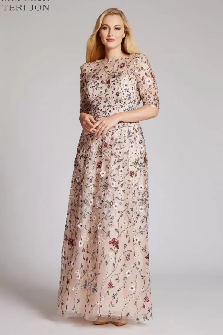 Teri Jon Overlay Gown With 3D Embroidered Florals