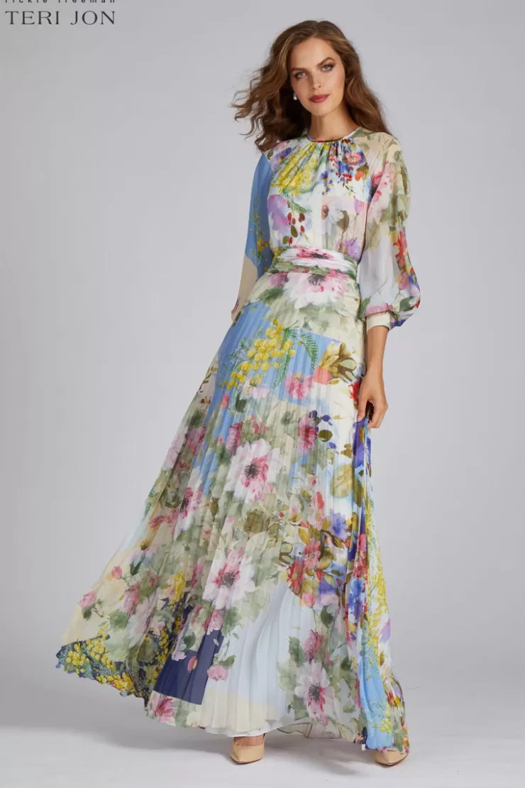 Teri Jon Patchwork Print Pleated Chiffon Maxi Gown