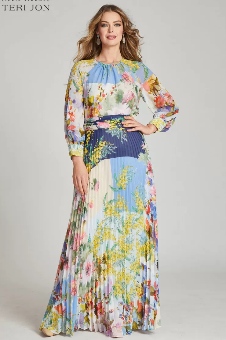 Teri Jon Patchwork Print Pleated Chiffon Maxi Gown