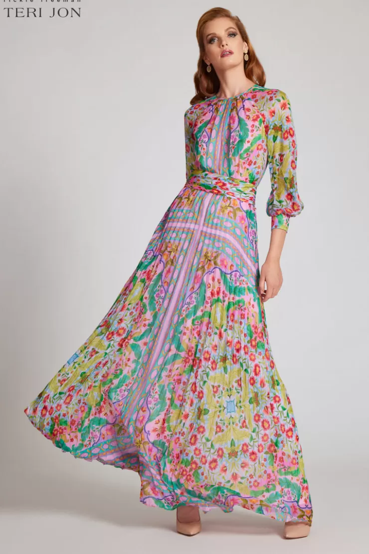 Teri Jon Patchwork Printed Chiffon Pleated Gown