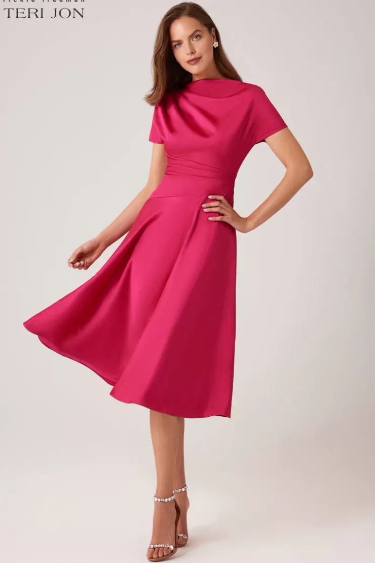 Teri Jon Pebble Satin Asymmetrical Skirt Dress