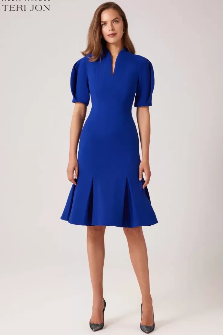 Teri Jon Pebble Stretch Crepe V-Neck Puff Sleeve Dress