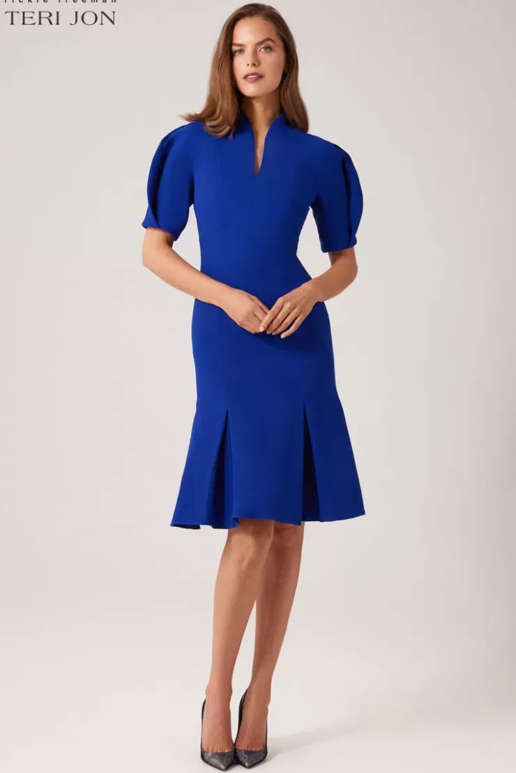 Teri Jon Pebble Stretch Crepe V-Neck Puff Sleeve Dress