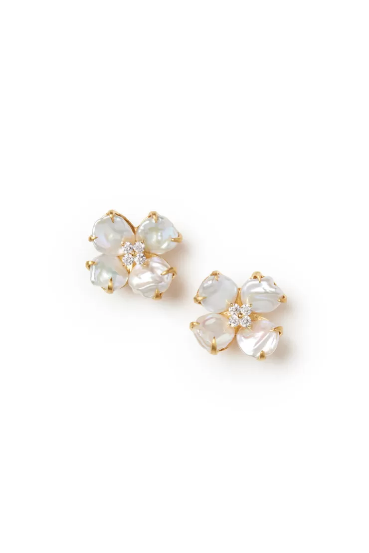 Teri Jon 4 petal white keishi pearl flower earrings