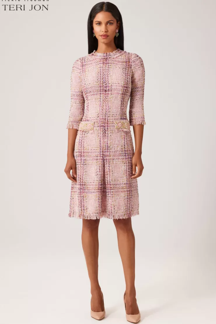 Teri Jon Plaid Pattern Tweed Jewel Neckline 3/4 Sleeve Dress