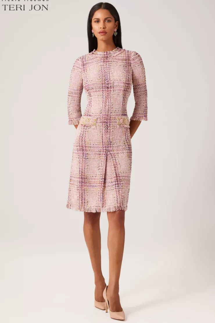 Teri Jon Plaid Pattern Tweed Jewel Neckline 3/4 Sleeve Dress