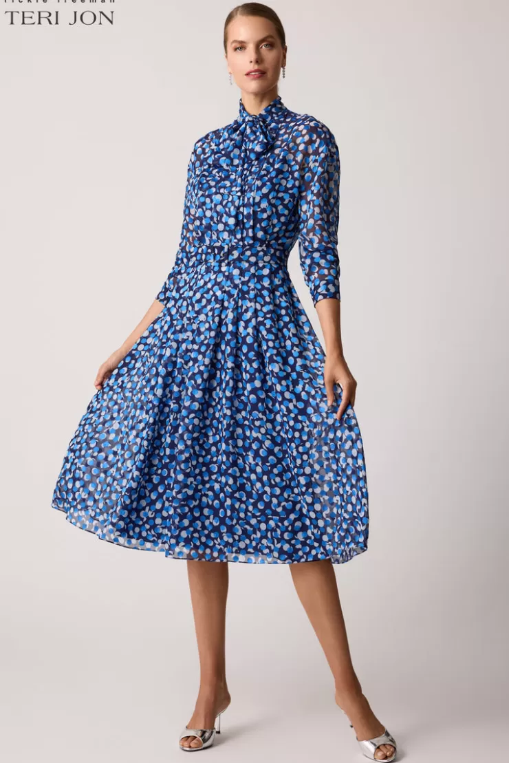 Teri Jon Polka Dot Chiffon Tie Neck Belted Dress
