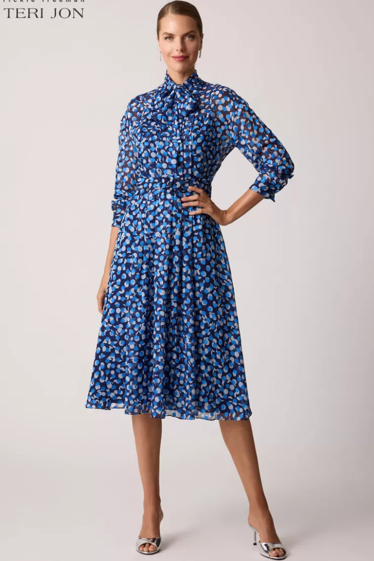 Teri Jon Polka Dot Chiffon Tie Neck Belted Dress