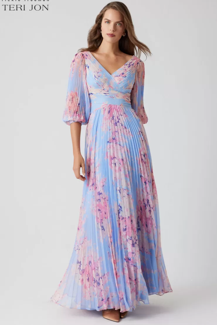 Teri Jon Printed Chiffon Pleated V Neck Gown