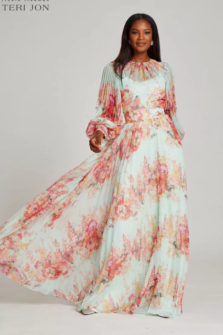 Teri Jon Printed Floral Pleated Maxi Gown