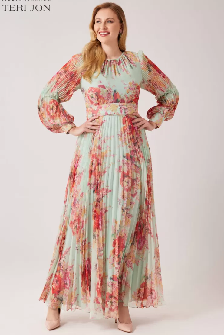 Teri Jon Printed Floral Pleated Maxi Gown