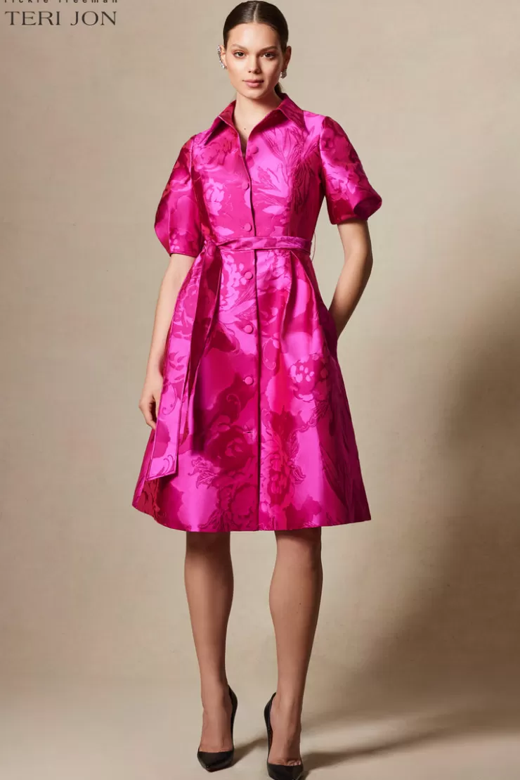 Teri Jon Puff Sleeve Abstract Print Collared Shirt Dress