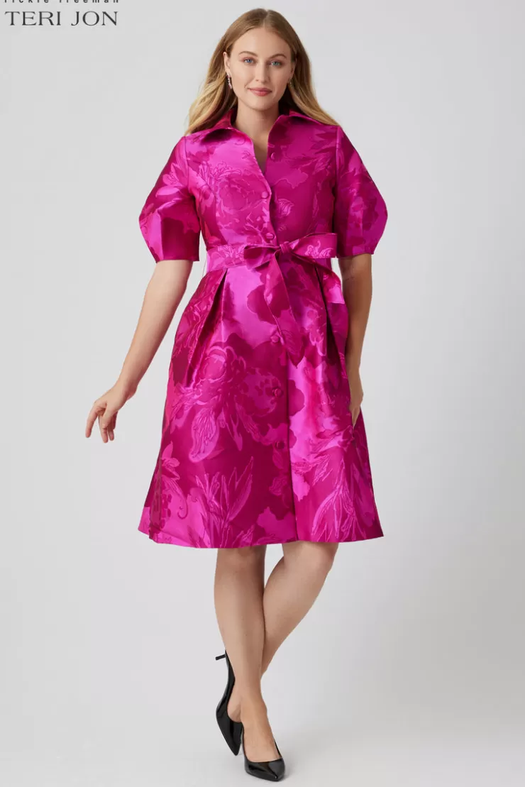 Teri Jon Puff Sleeve Abstract Print Collared Shirt Dress