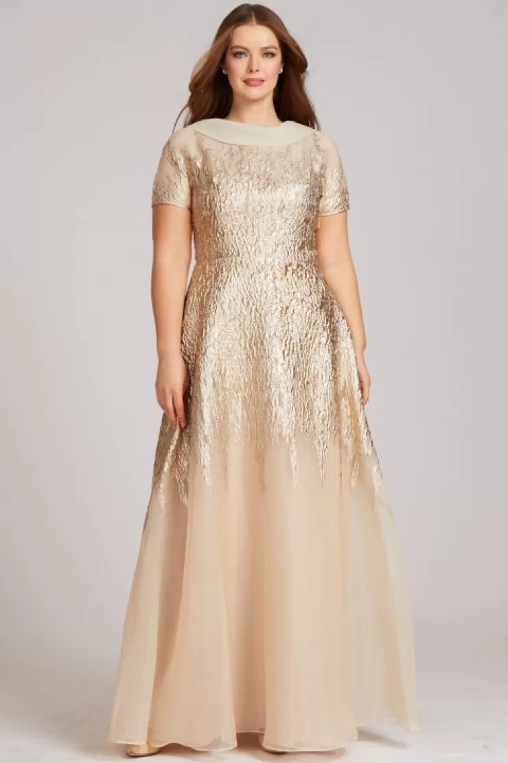 Teri Jon Roll Neck Cap Sleeve Metallic Organza Jacquard Gown