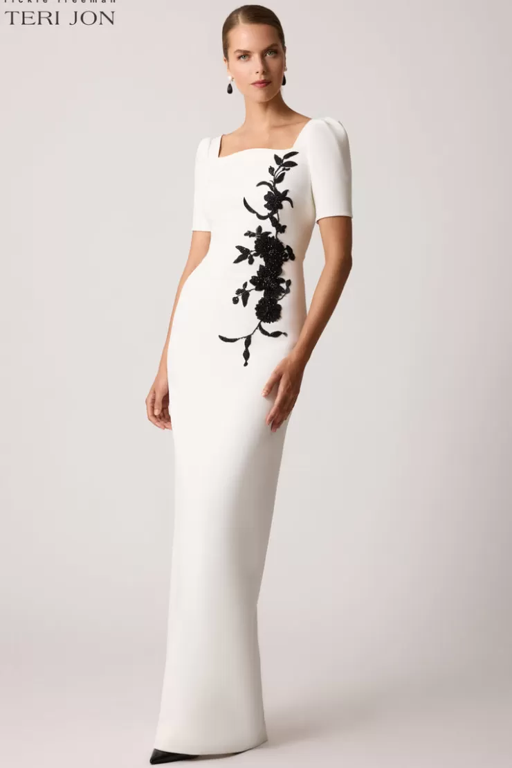 Teri Jon Scallop Stretch Crepe Gown