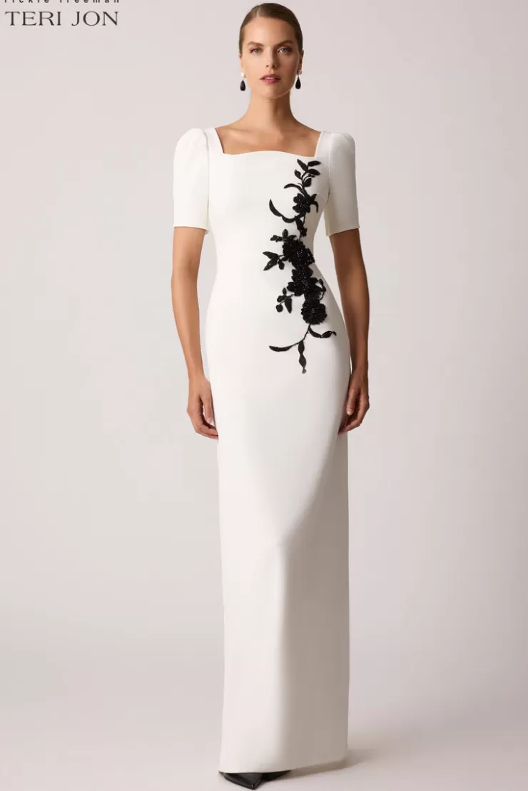 Teri Jon Scallop Stretch Crepe Gown