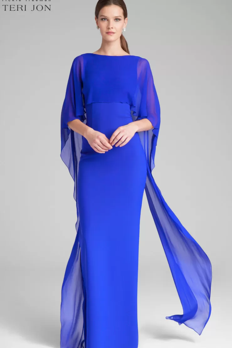 Teri Jon Scuba Gown with Chiffon Cape