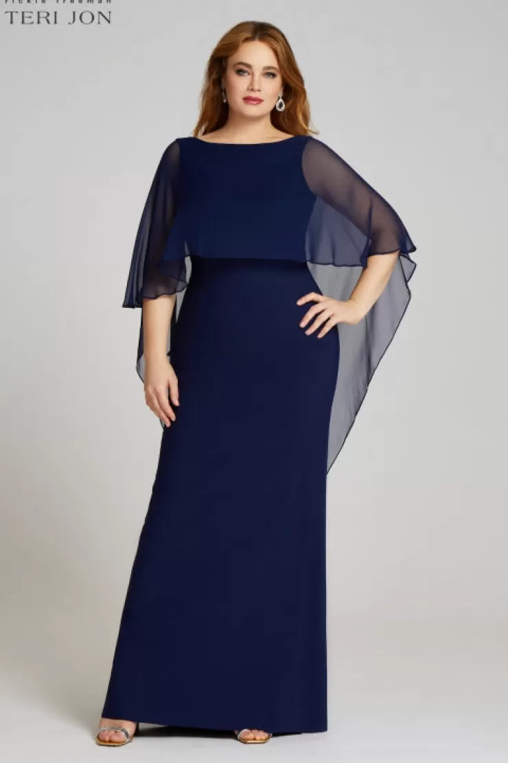 Teri Jon Scuba Gown with Chiffon Cape