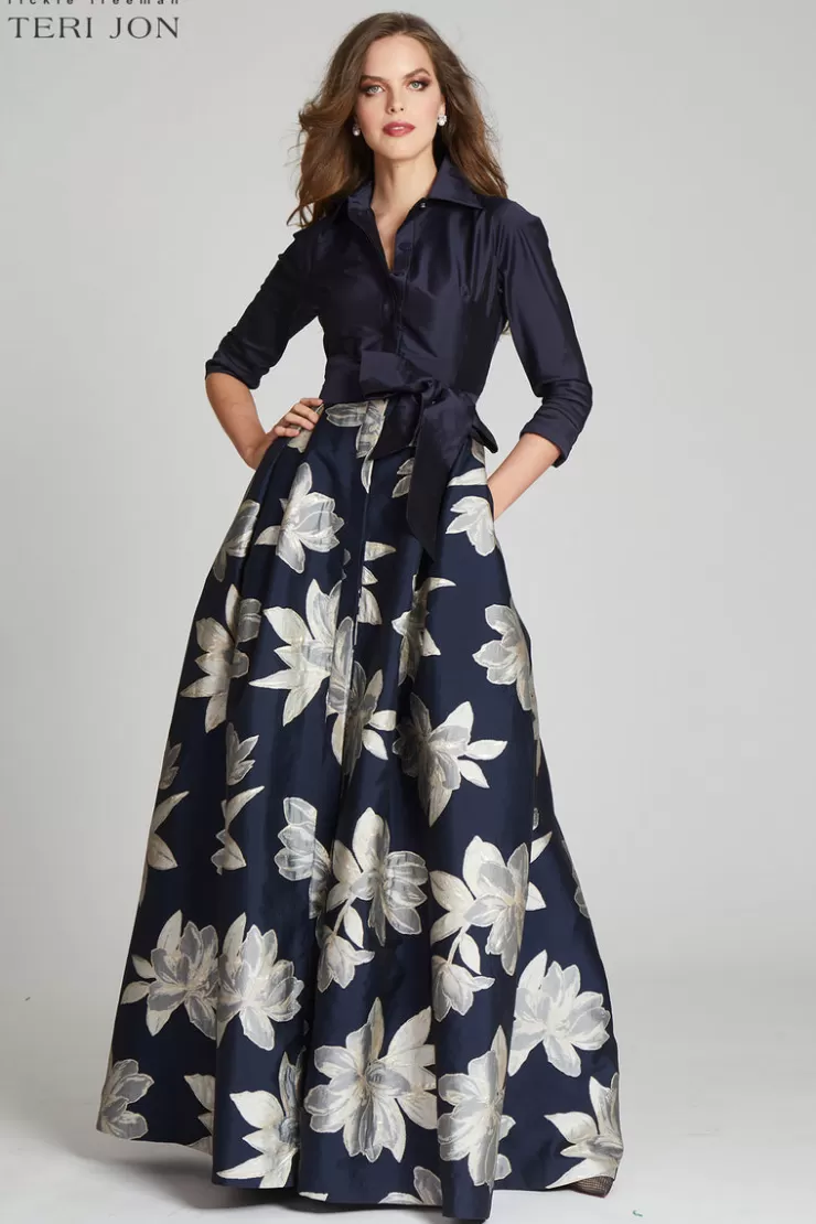 Teri Jon Shirt Waist Jacquard Gown with Large Floral Print Skirt