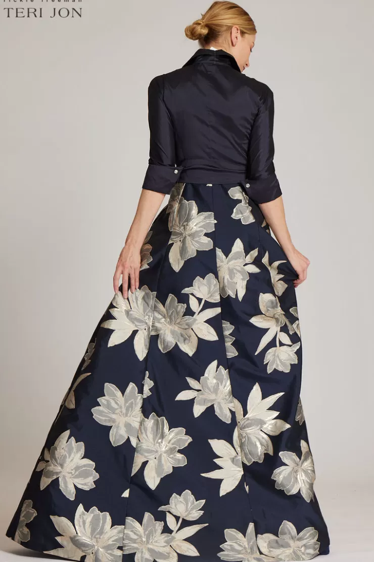 Teri Jon Shirt Waist Jacquard Gown with Large Floral Print Skirt
