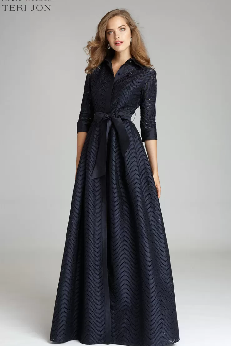 Teri Jon Shirt Waist Taffeta Chevron Pattern Eyelet Gown