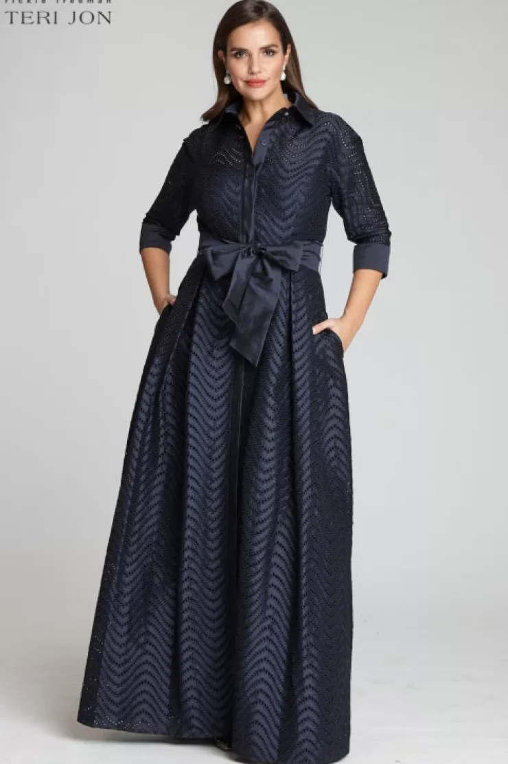 Teri Jon Shirt Waist Taffeta Chevron Pattern Eyelet Gown