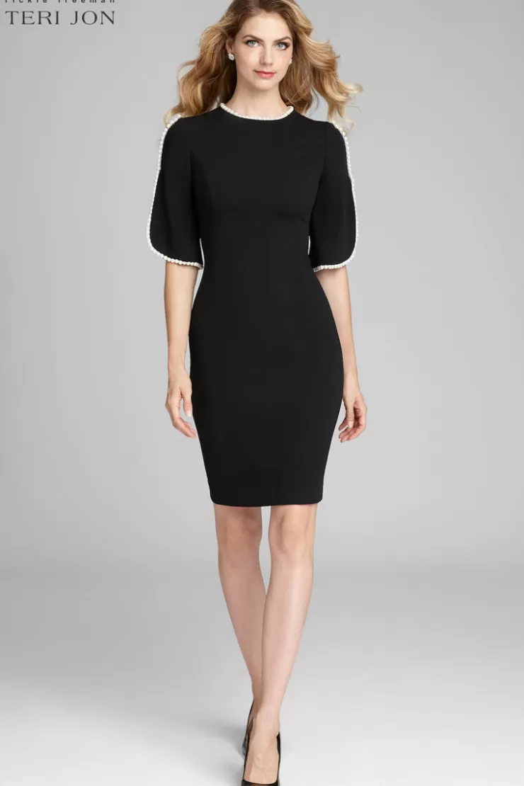 Teri Jon Short Sleeve Pearl Trim Crepe Sheath Dress